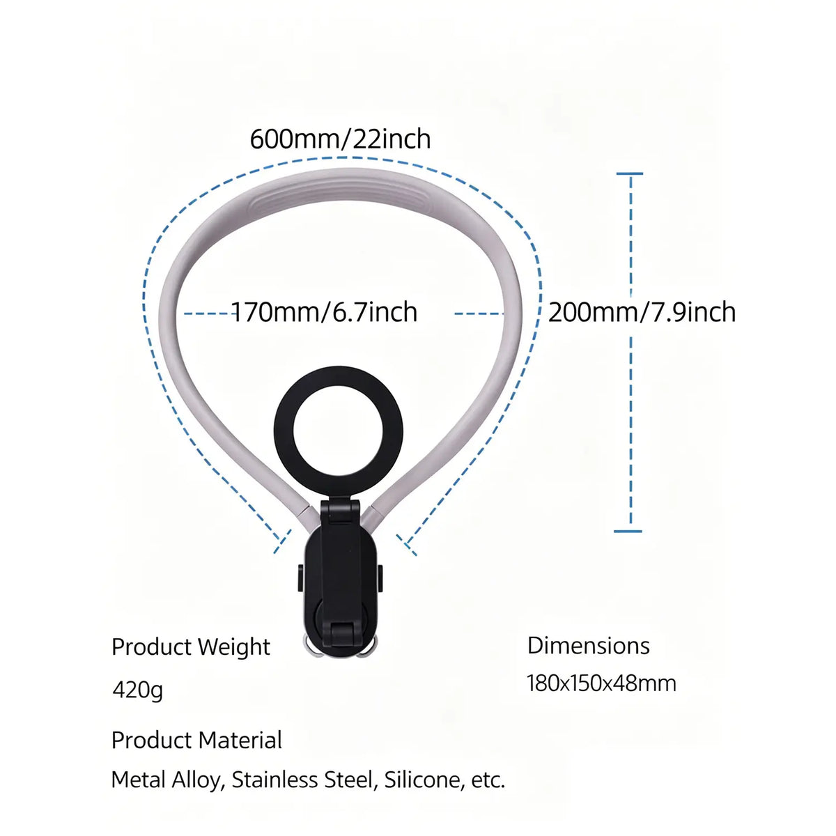 Durable Magnetically Mountable Mobile Phone Neck Lanyard - Aluminium+Silicon Holder, Anti-Drop Safety, Fast Attach, Adjustable Strap, Phone Holders & Mounts for Vlogging, Filming