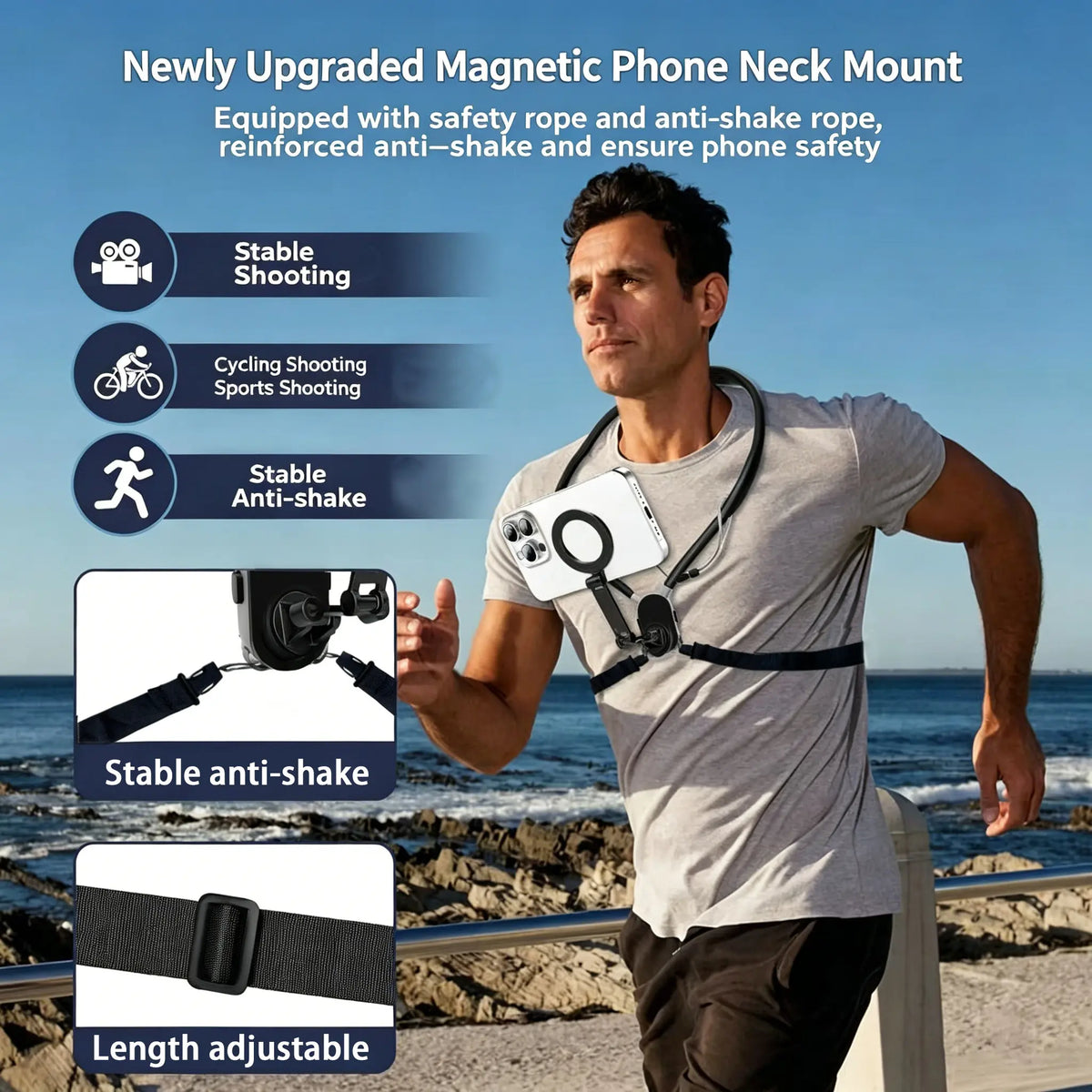 Durable Magnetically Mountable Mobile Phone Neck Lanyard - Aluminium+Silicon Holder, Anti-Drop Safety, Fast Attach, Adjustable Strap, Phone Holders & Mounts for Vlogging, Filming