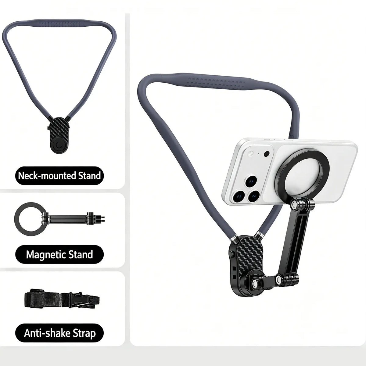 Durable Magnetically Mountable Mobile Phone Neck Lanyard - Aluminium+Silicon Holder, Anti-Drop Safety, Fast Attach, Adjustable Strap, Phone Holders & Mounts for Vlogging, Filming